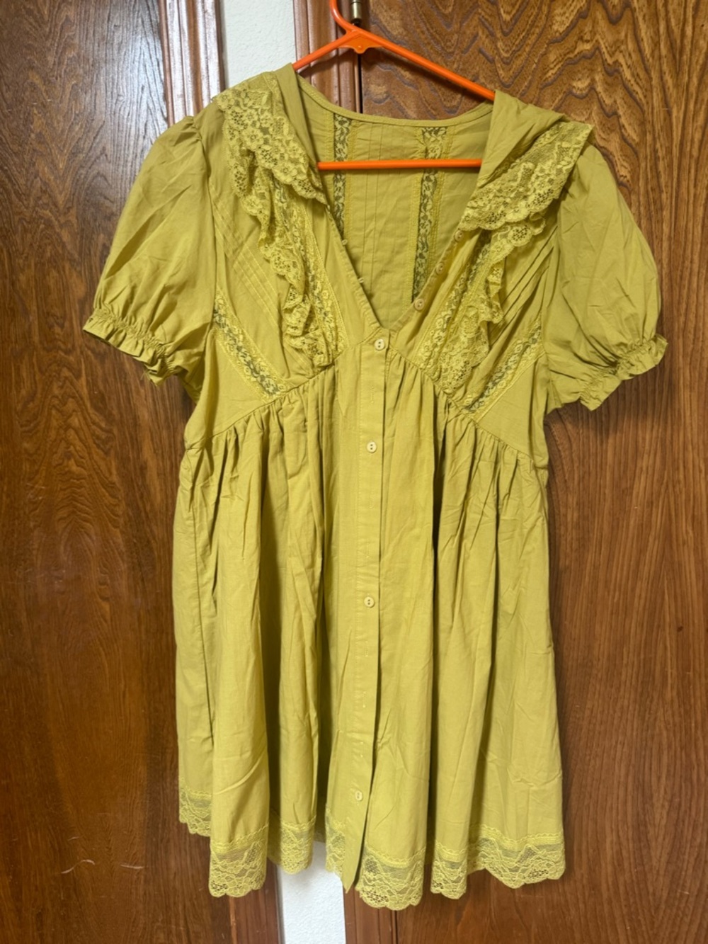 Lace Trim Button-Front Tunic Dress in Olive Green